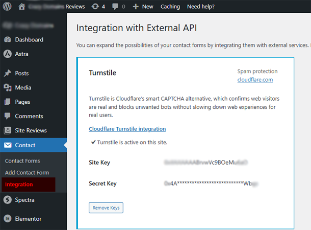 Add Site Key Secret Key Contact Form 7 Turnstile Integration Section