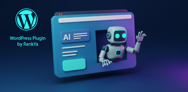 3d webpage icon AI robot waving WordPress logo