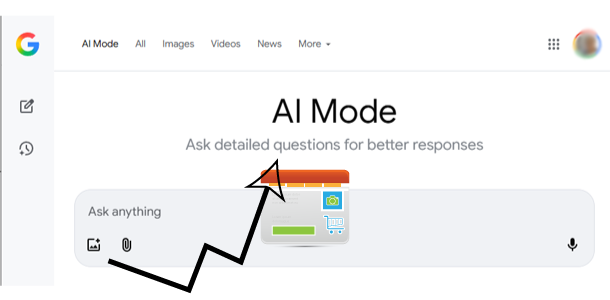 AI MODE User Interface with arrow and web page icon and