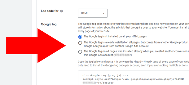 select appropriate setting for your website Google Ads Conversion Details for manual installation