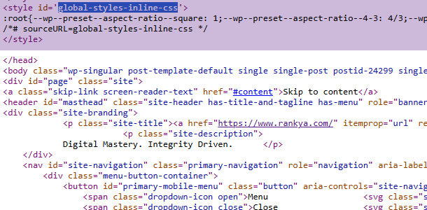 HTML source code for WordPress site highlights global-styles-inline-css