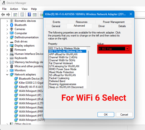 Wireless Mode Network Adapter Settings for WiFi-6