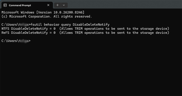 fsutil behavior query DisableDeleteNotify Windows 11 Pro Command Prompt
