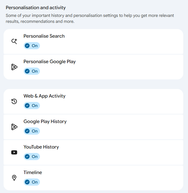 google Personalisation and activity