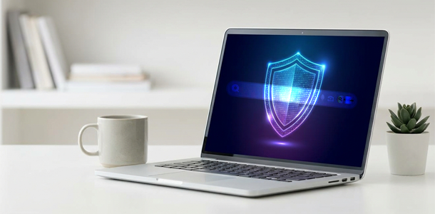 home office table with laptop digital emblem on laptop screen