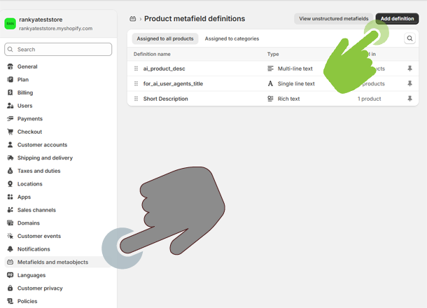 add definition setting for Product metafield definitions