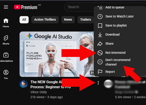 YouTube Video Options for Not-interested and Do Not Recommend Channel