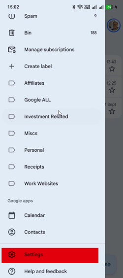 Gmail App Settings highlighted
