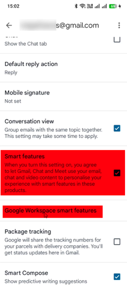 Gmail App Settings options for smart features highlighted
