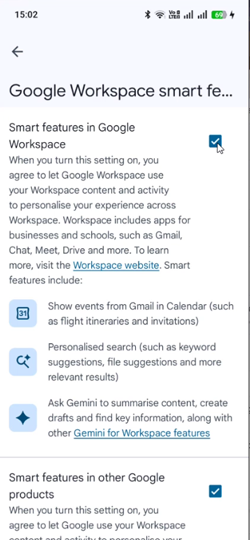 Gmail App Settings smart features