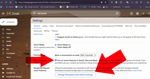 Gmail Google Workspace smart features option