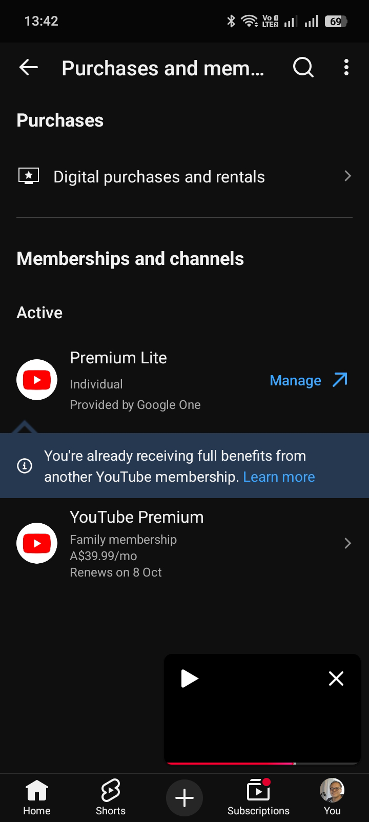 YouTube App Settings for Membership and Channels screenshot