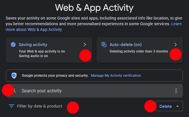 points out the options to manage activity Web and App Activity