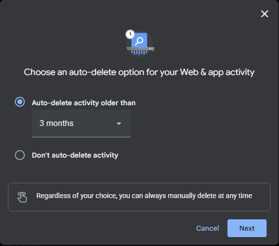 Choose an auto-delete option for your Web & app activity auto delete options