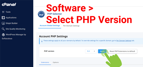 Select PHP Version and Press Apply cPanel Software PHP Version option