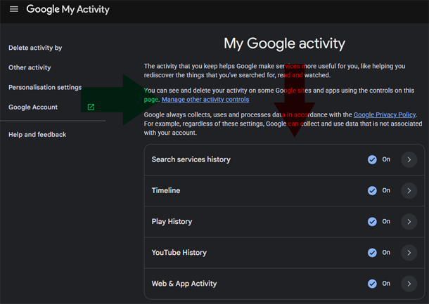 menu options for My Google Activity Google My Activity Options